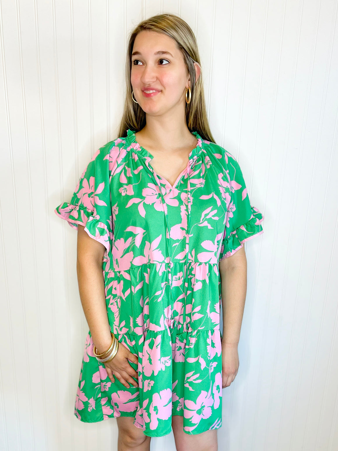 Priscilla Floral Ruffled Sleeve Dress | Green Mix
