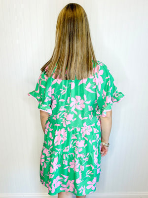 Priscilla Floral Ruffled Sleeve Dress | Green Mix