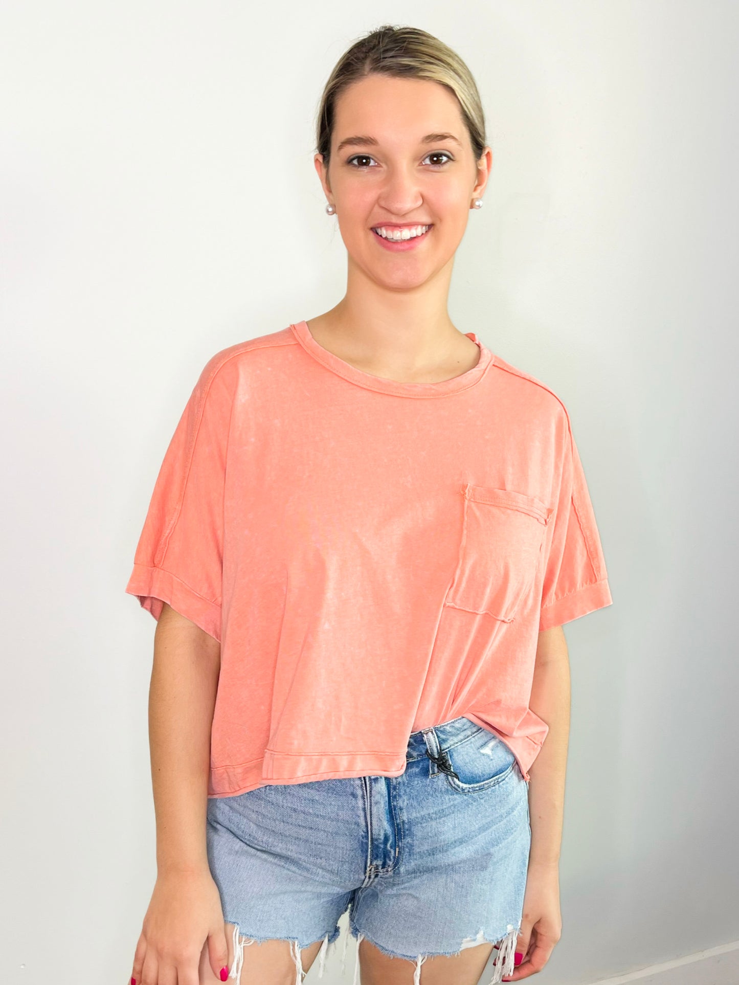 Louise Mineral Washed Boxy Knit Top | Peach