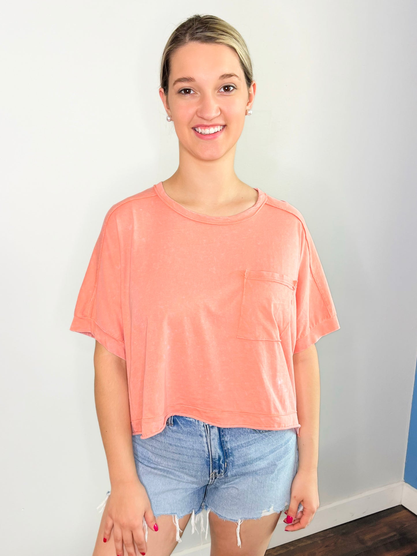 Louise Mineral Washed Boxy Knit Top | Peach