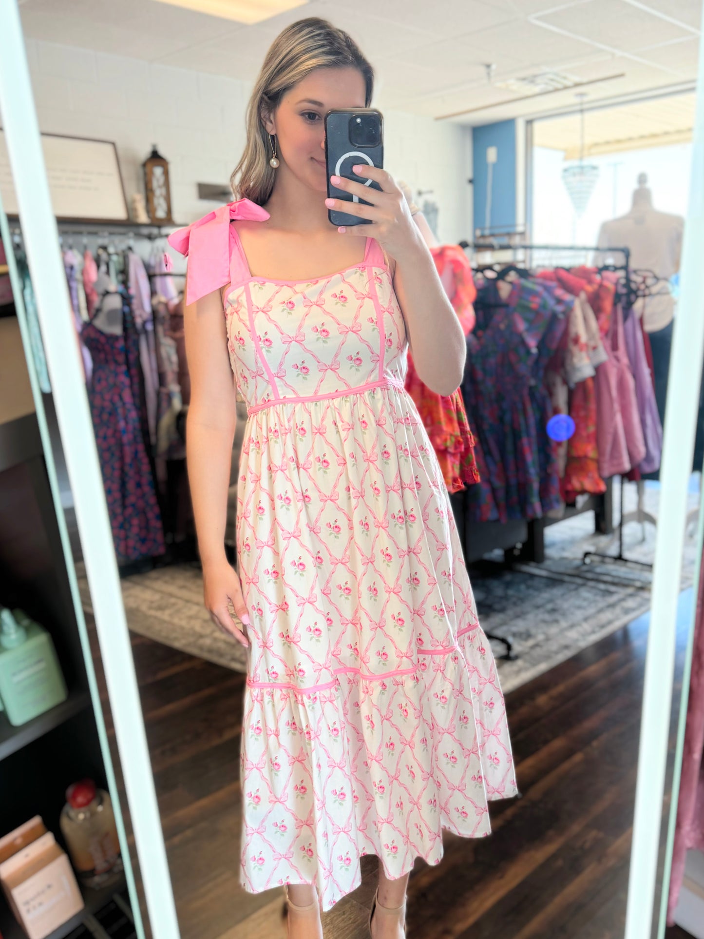 Chrissy Bow and Floral Midi Dress