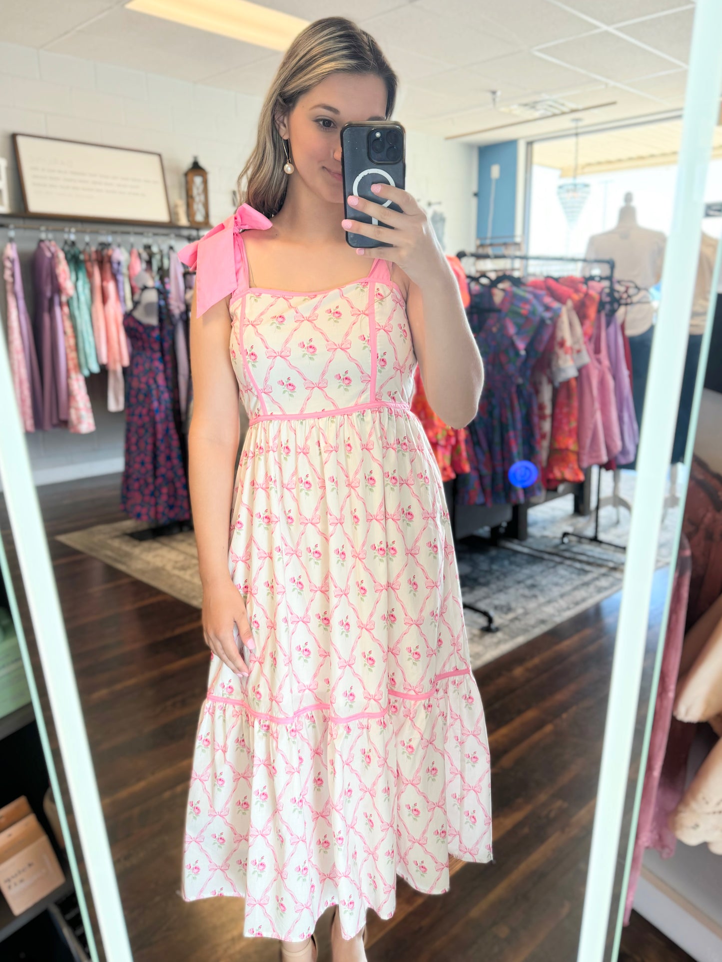 Chrissy Bow and Floral Midi Dress