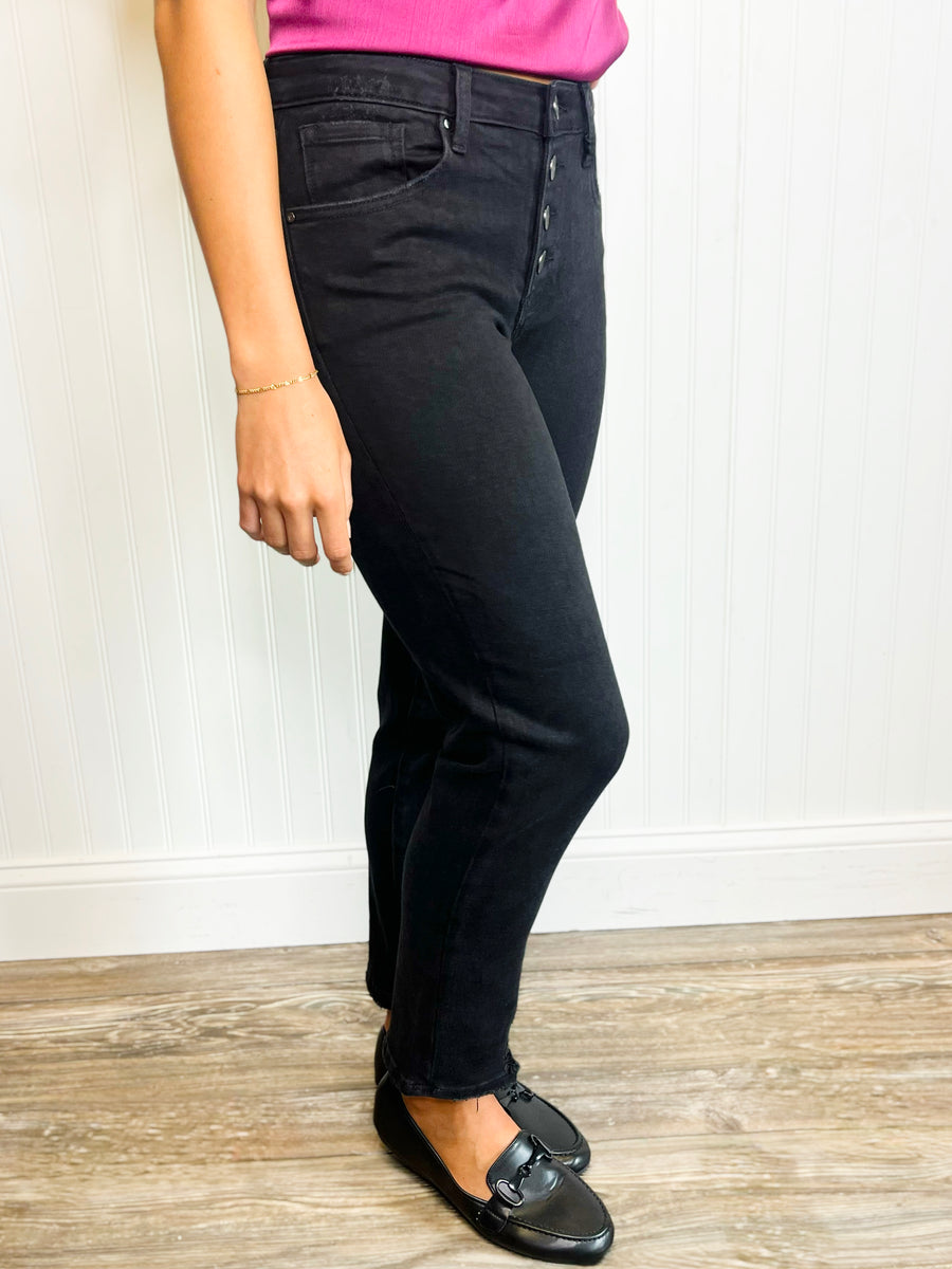 Mira Mid-Rise Button-Down Straight Leg Risen Jeans -Black
