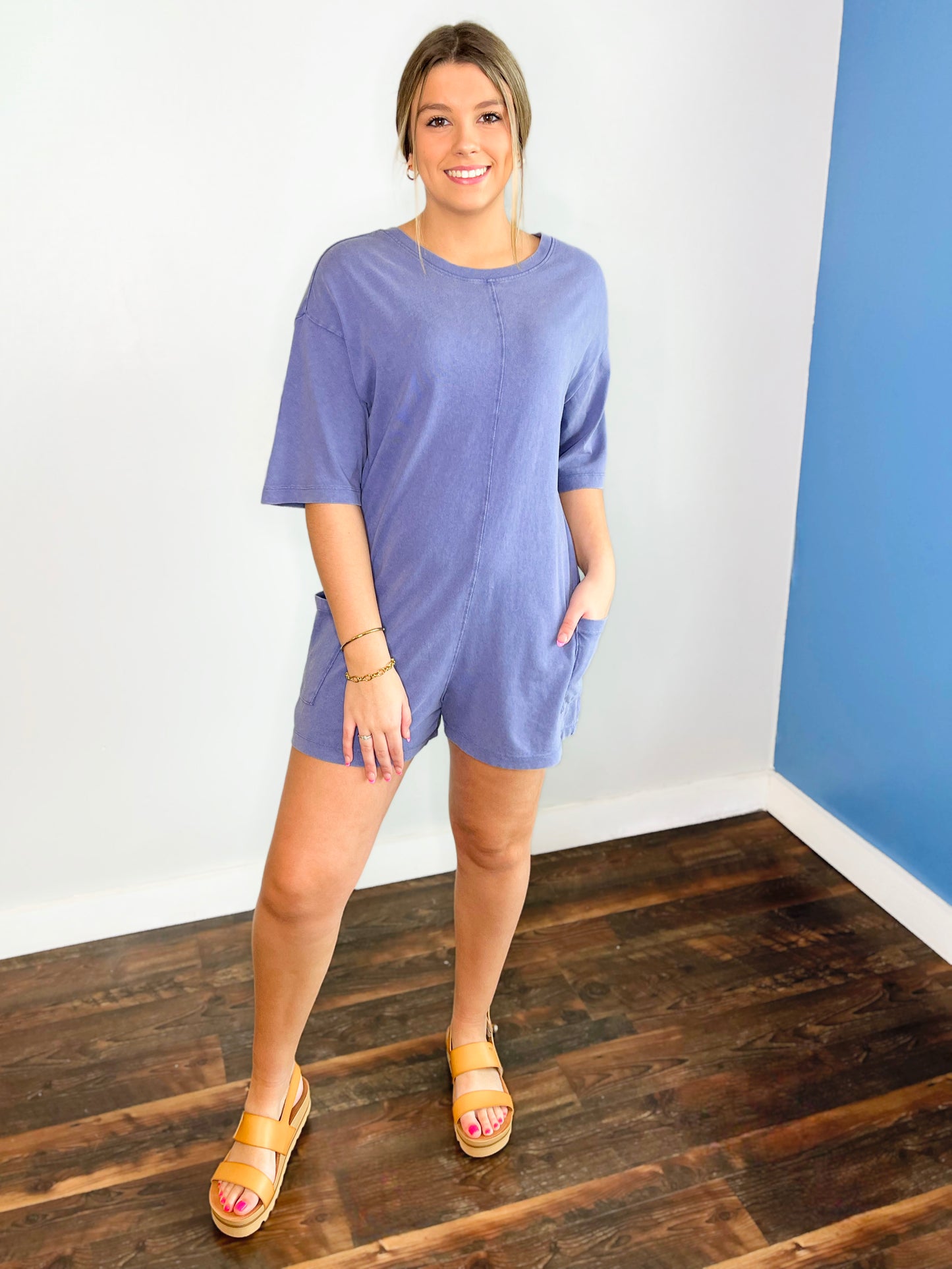 Kate V-Back Short Sleeve Romper | Dusty Indigo