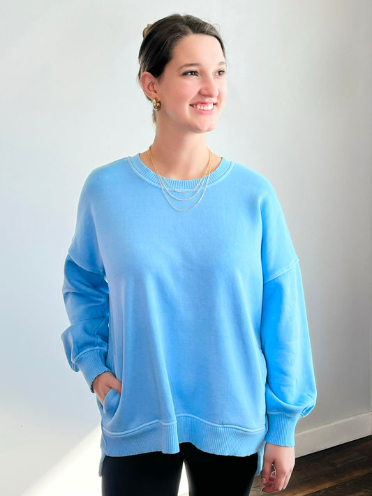 Romy Pigment Dyed Fleece High Low Pullover | Deep Sky