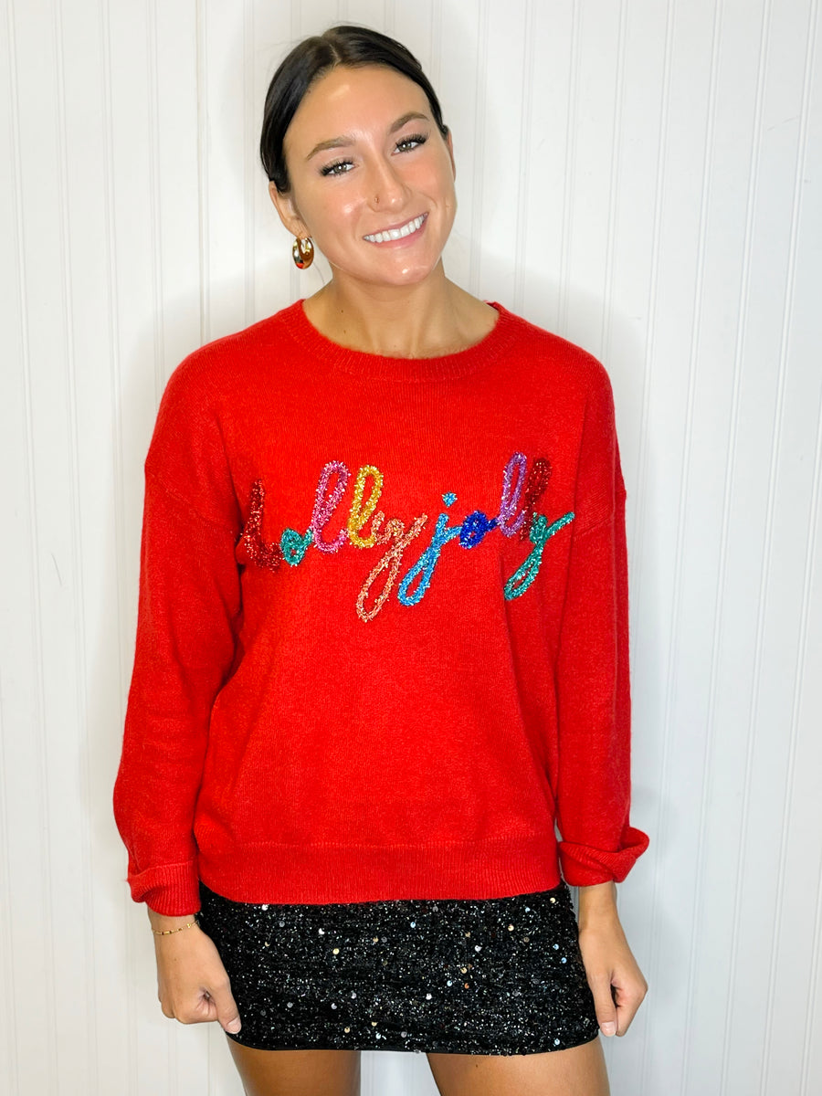 “Holly Jolly” Tencil Embroidered Sweater -Red