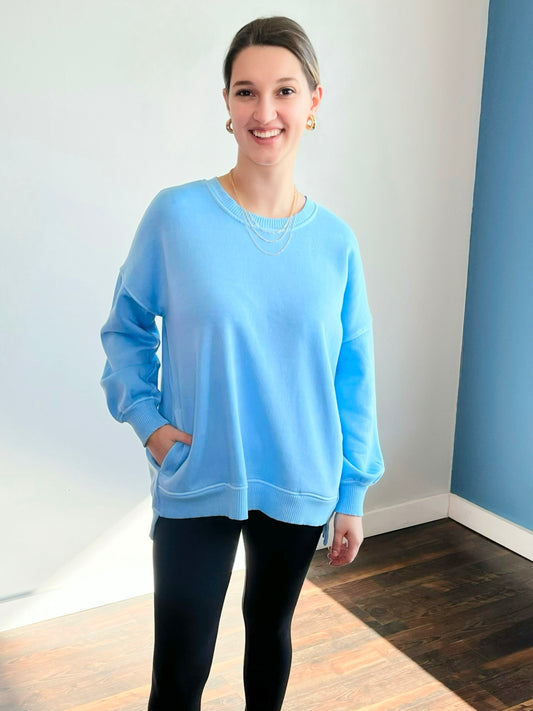 Romy Pigment Dyed Fleece High Low Pullover | Deep Sky