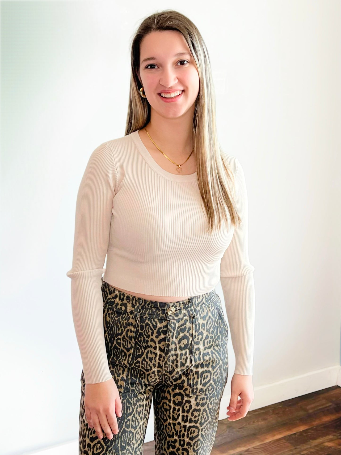 Sophia Ribbed Long Sleeve Crop Top | Oatmeal