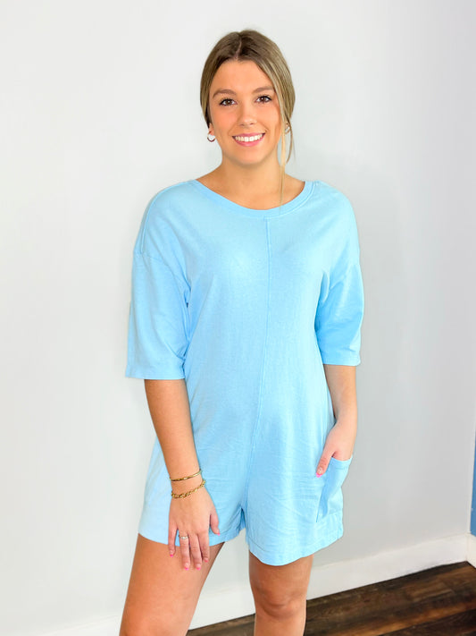 Kate V-Back Short Sleeve Romper | Aqua Blue