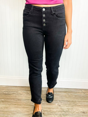 Mira Mid-Rise Button-Down Straight Leg Risen Jeans -Black