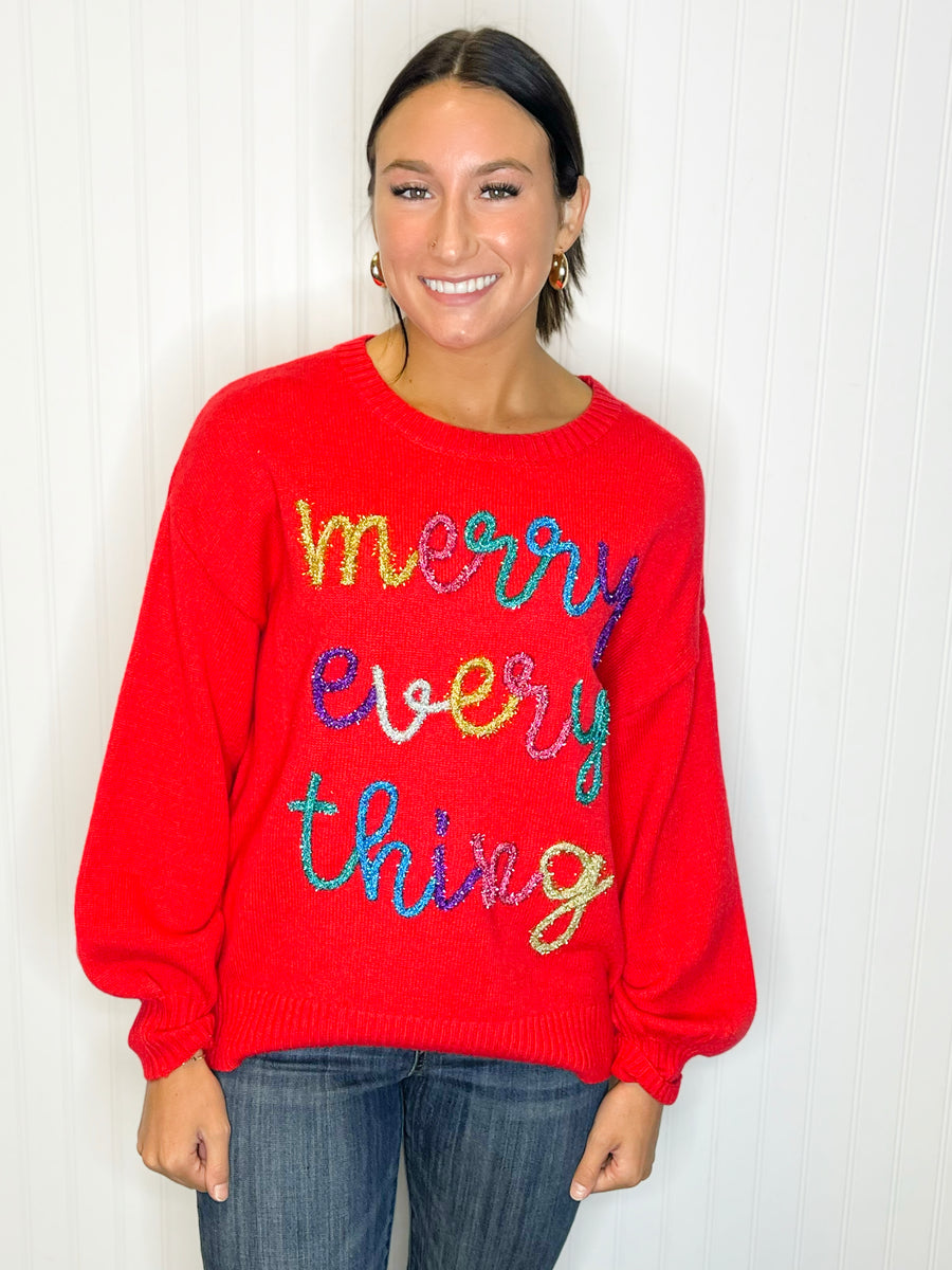 “Merry Everything” Lurex Embroidered Sweater -Red