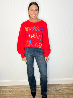 “Merry Everything” Lurex Embroidered Sweater -Red