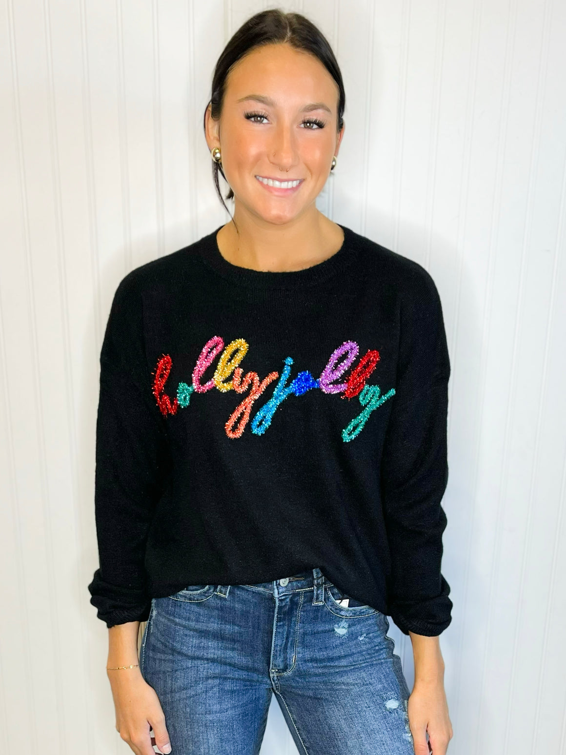 “Holly Jolly” Tencil Embroidered Sweater -Black