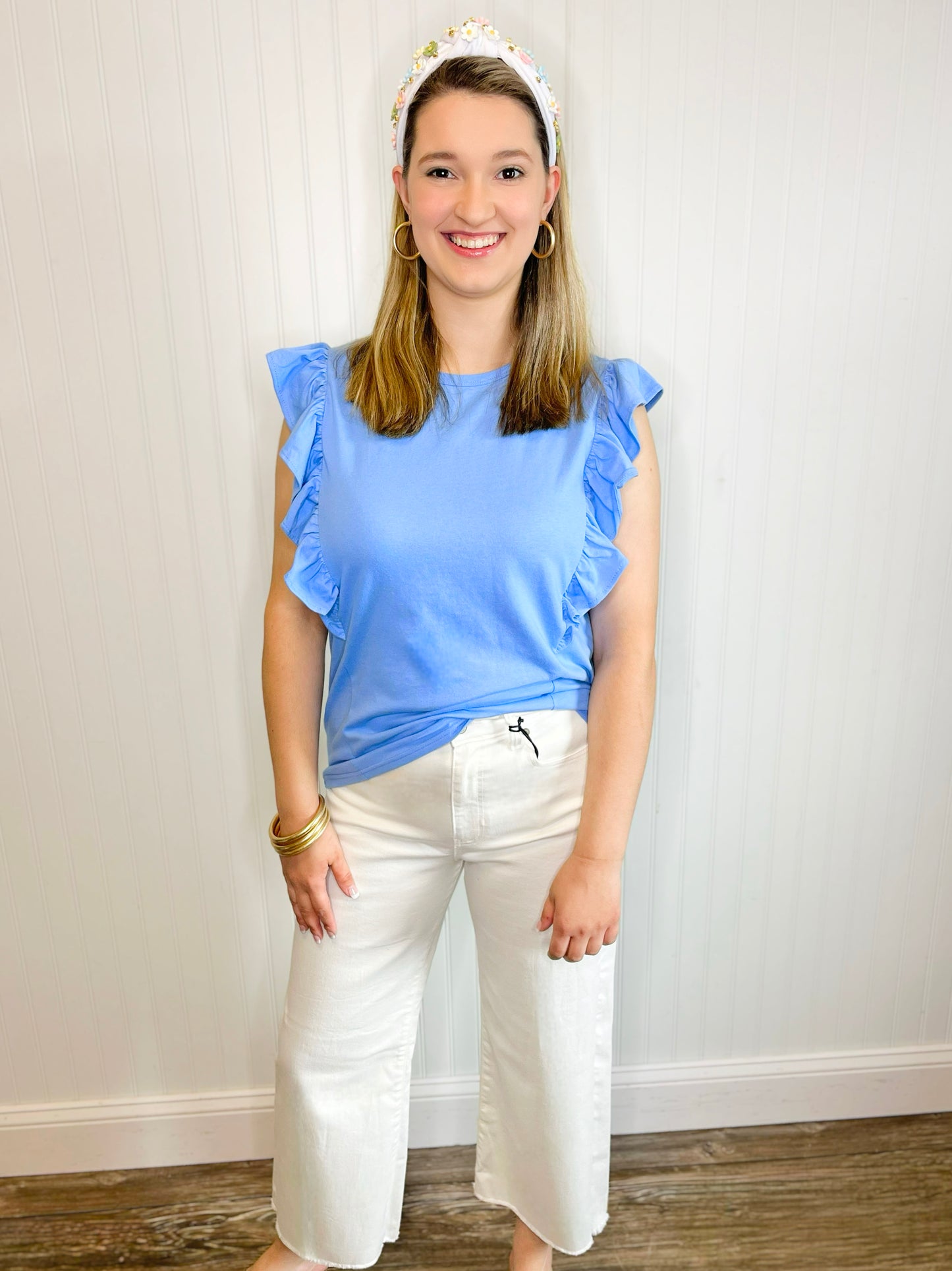 Jordie Ruffle Trim Top | Light Denim