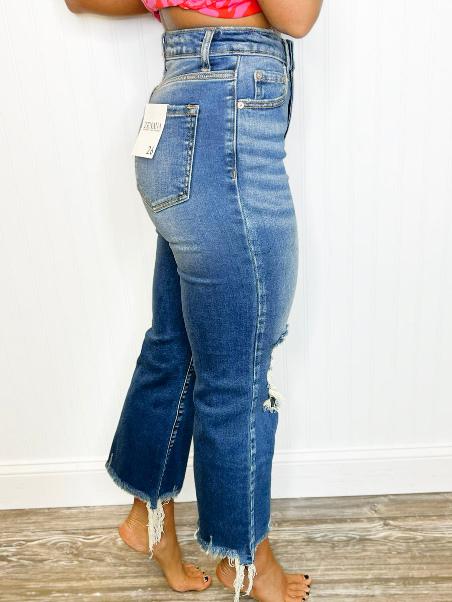 Rachel Distressed Knee Frayed Hem Cropped Jeans | Dark Wash