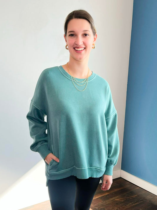 Romy Pigment Dyed Fleece High Low Pullover | Teal