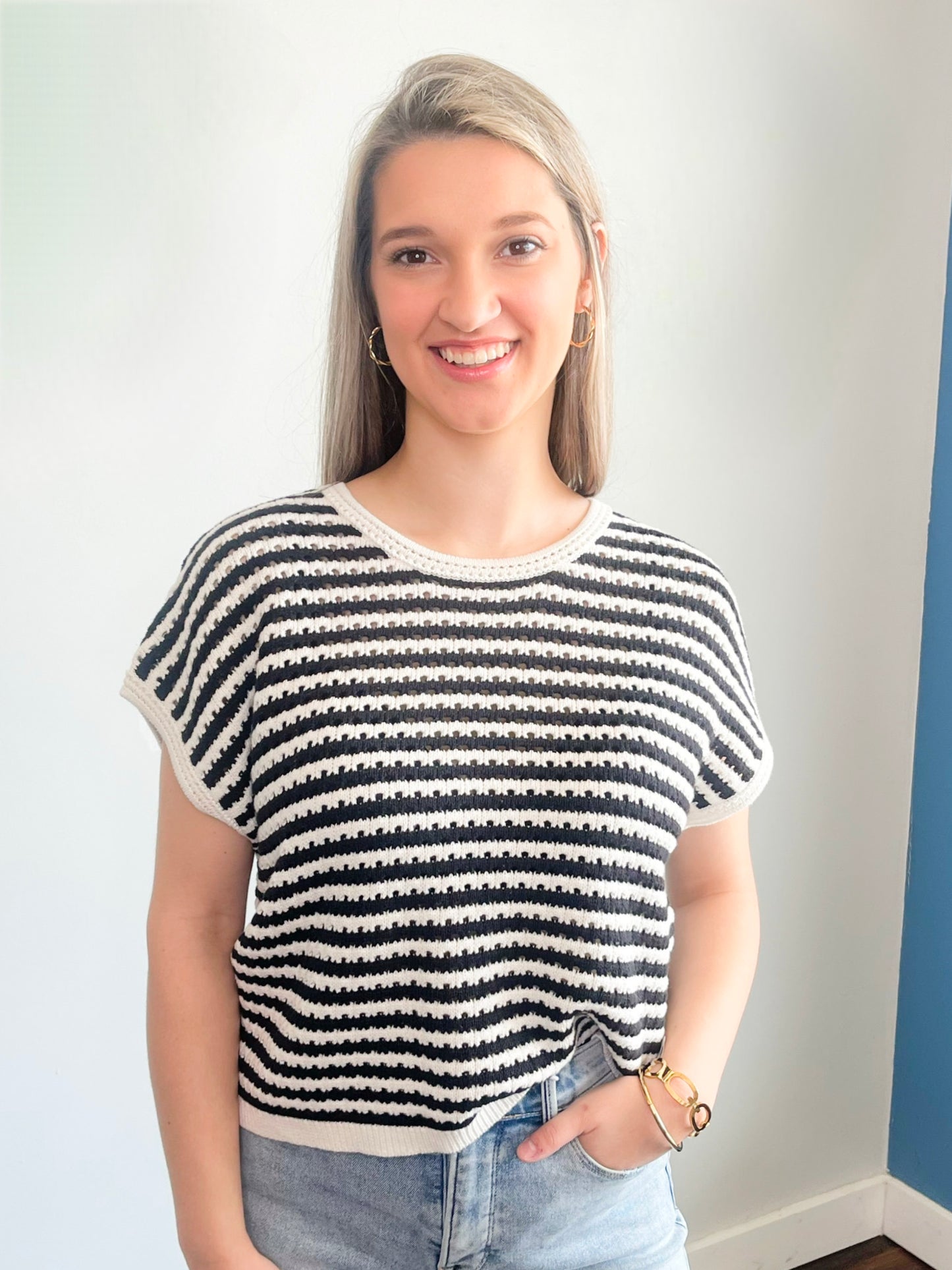 Isabella Crochet Striped Sweater Top | Black