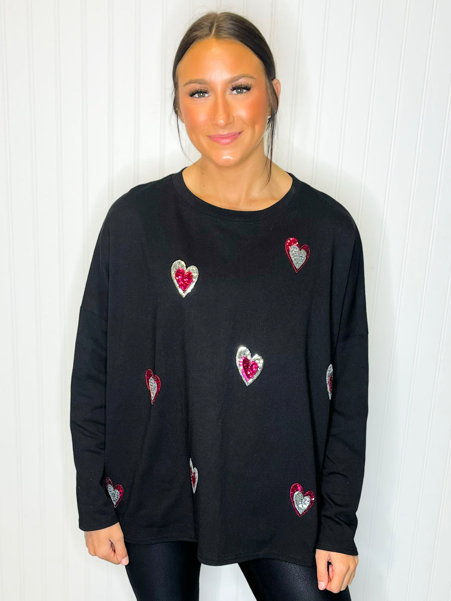 Blake Sequin Hearts Top -Black