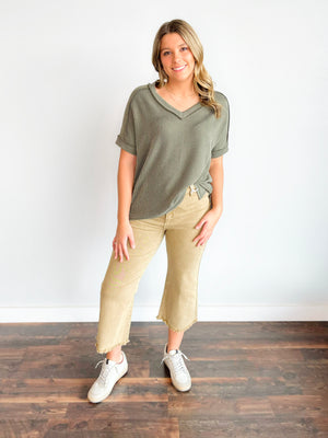 Lauren Ribbed V-Neck Top | Dark Olive