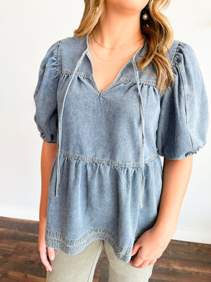 Lucy Bubble Sleeve Denim Top