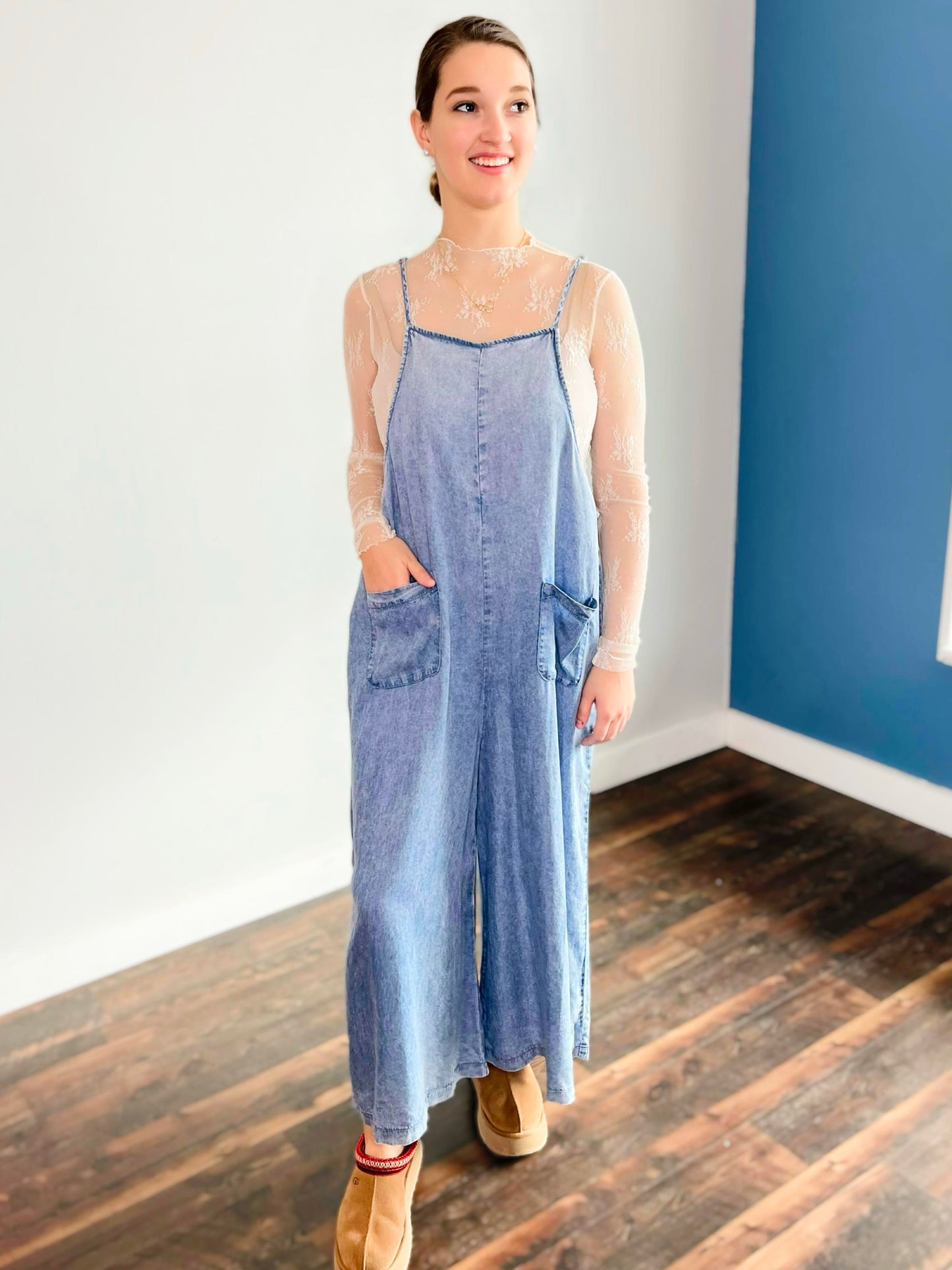 Lizzie Acid Washed Wide Leg Jumpsuit | Medium Wash