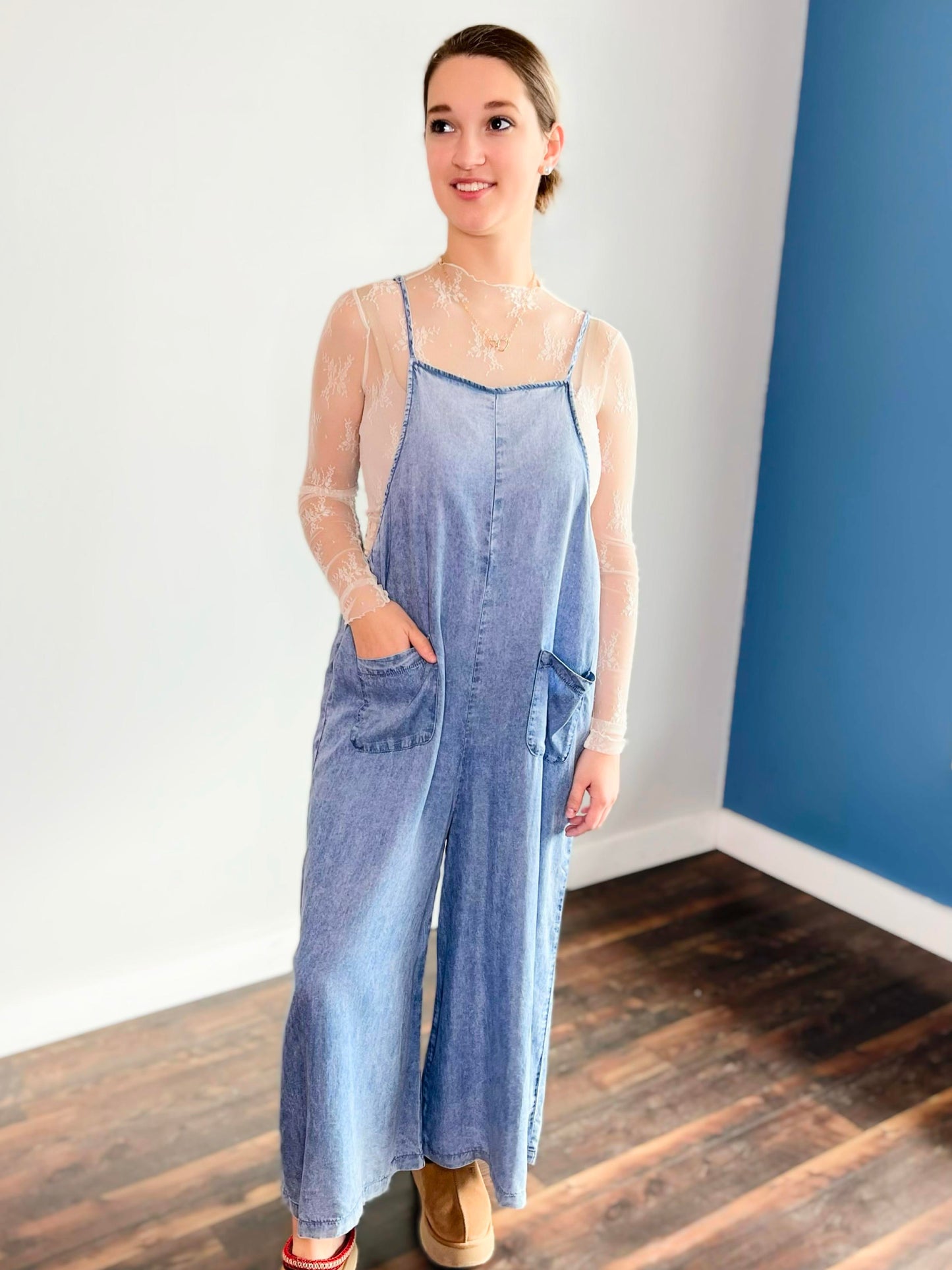 Lizzie Acid Washed Wide Leg Jumpsuit | Medium Wash