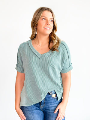 Lauren Ribbed V-Neck Top | Jade