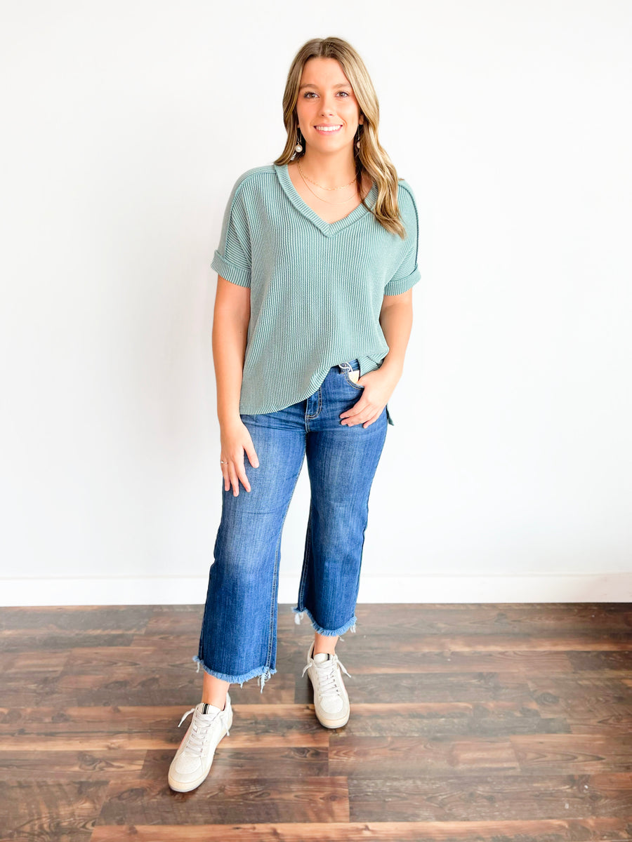 Lauren Ribbed V-Neck Top | Jade