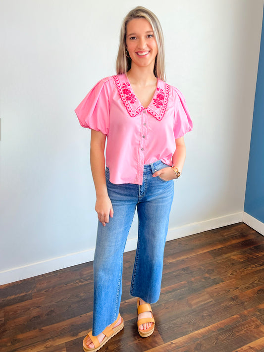 Emily Embroidered Collared Button Down Top