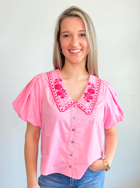 Emily Embroidered Collared Button Down Top