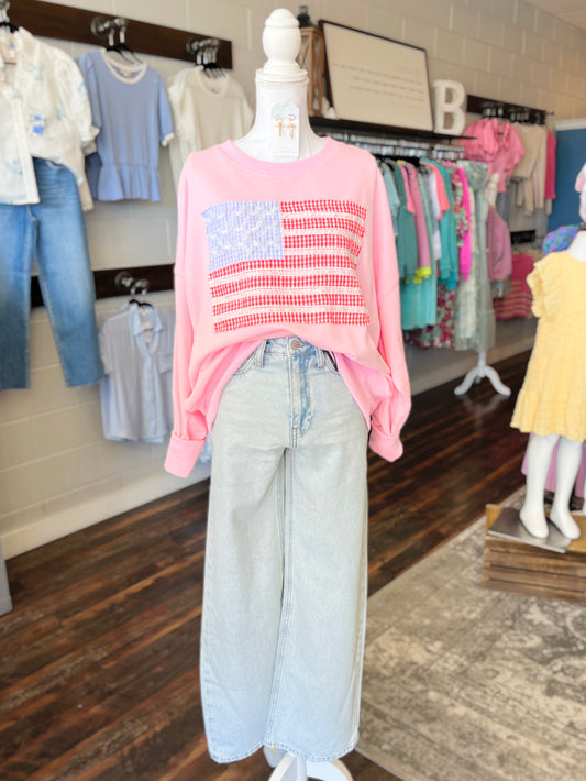 Piper Lace and Fabric American Flag Sweatshirt | Pink