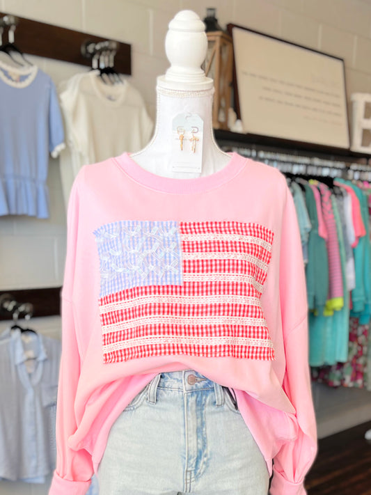 Piper Lace and Fabric American Flag Sweatshirt | Pink