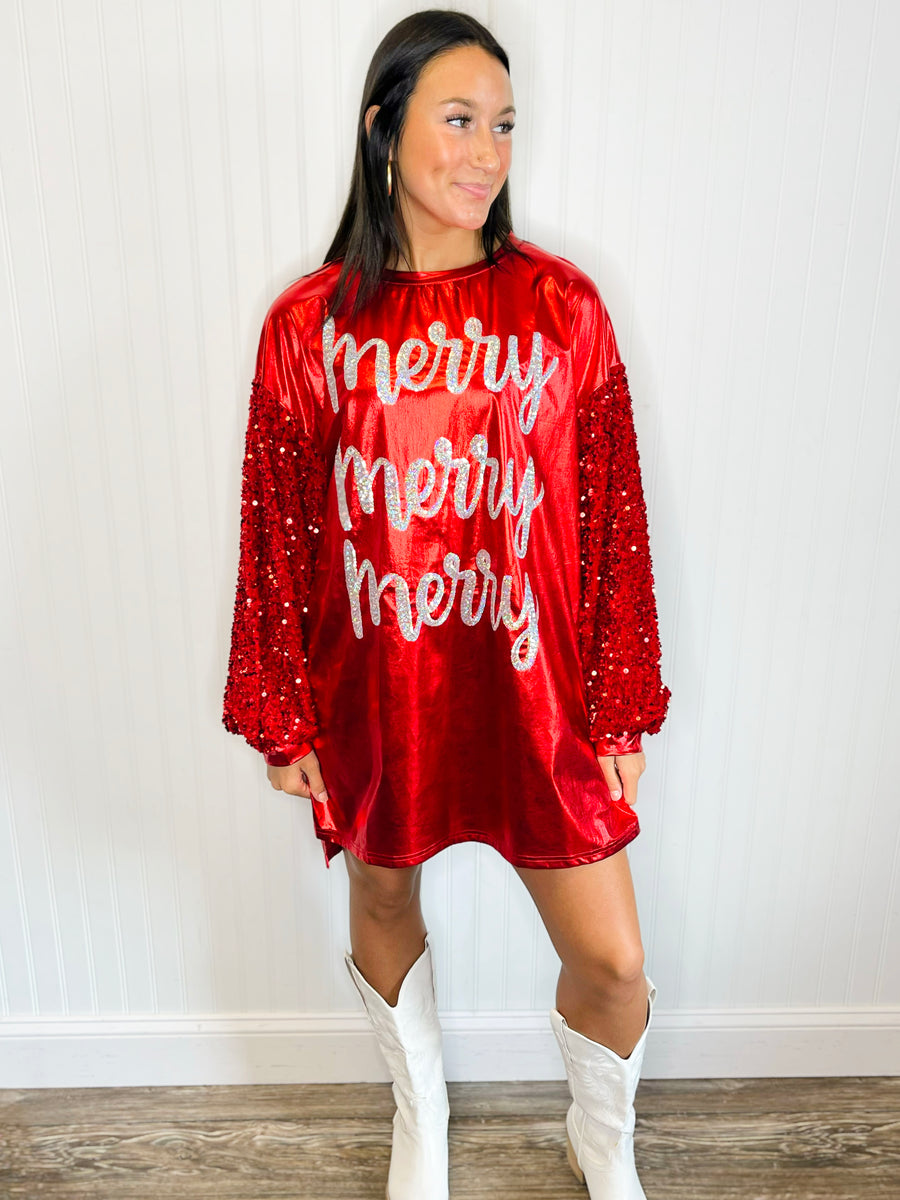 Merry Merry Merry Sequin Sleeve Dress -Red