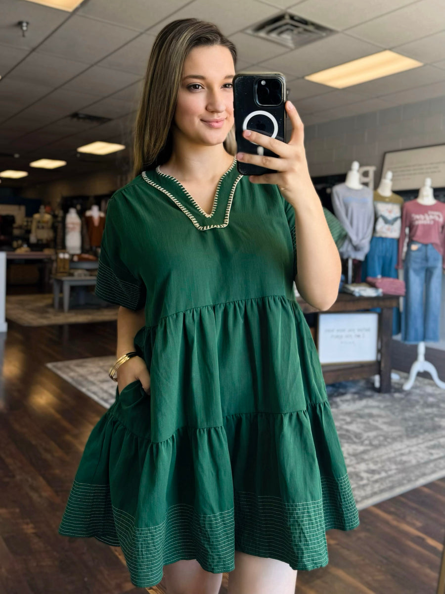 Virdie Contrast Stitch Dress |Green