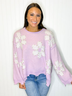 Fiona Pearl Studded Daisy Sweater | Lavender