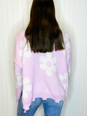 Fiona Pearl Studded Daisy Sweater | Lavender
