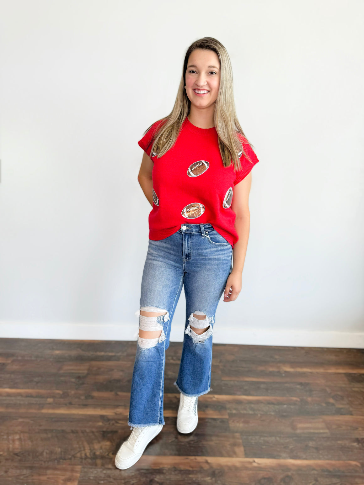 Football Sequin Patch Sweater Top | Red