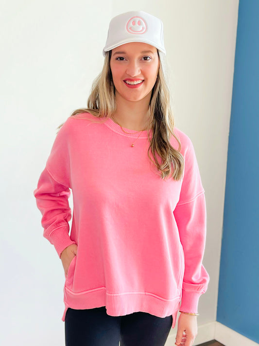 Romy Pigment Dyed Fleece High Low Pullover | Candy Pink