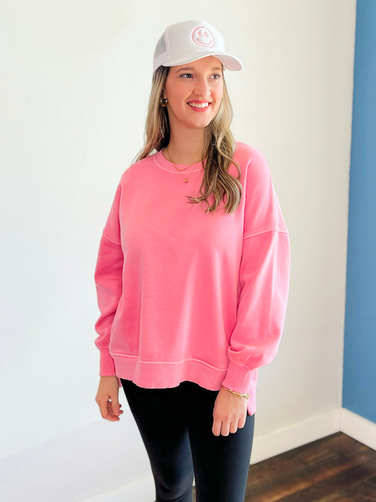 Romy Pigment Dyed Fleece High Low Pullover | Candy Pink