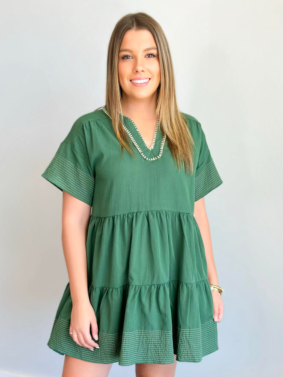 Virdie Contrast Stitch Dress |Green