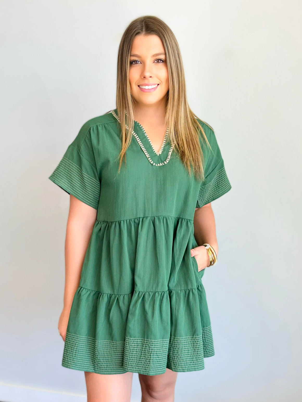 Virdie Contrast Stitch Dress |Green