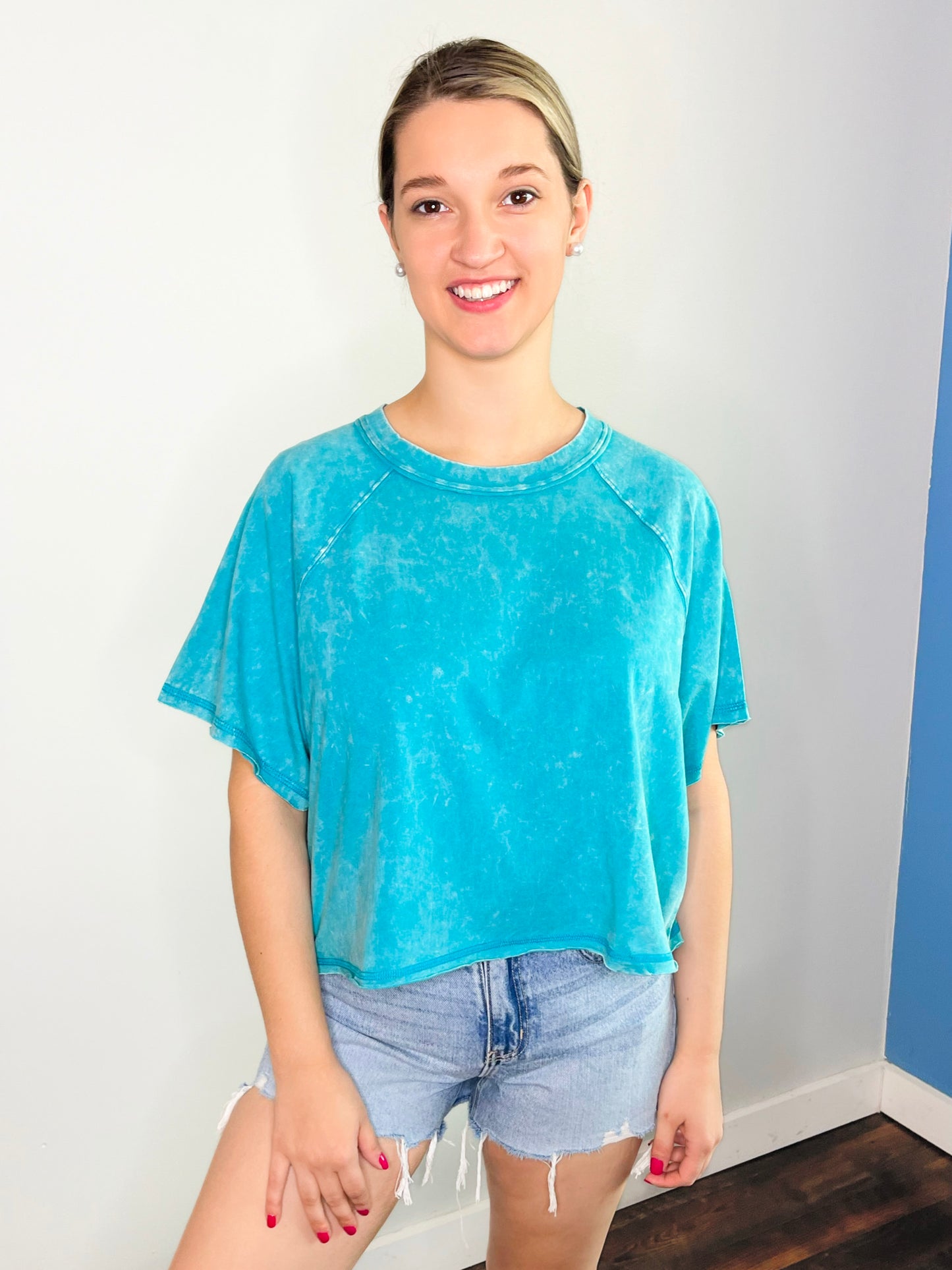 Posey Acid Wash Boxy Tee | Light Teal