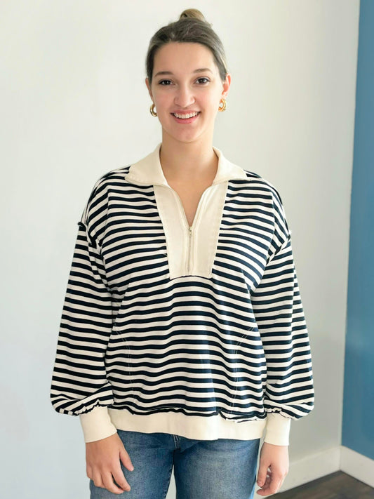 Zora Striped Quarter Zip Top | Navy