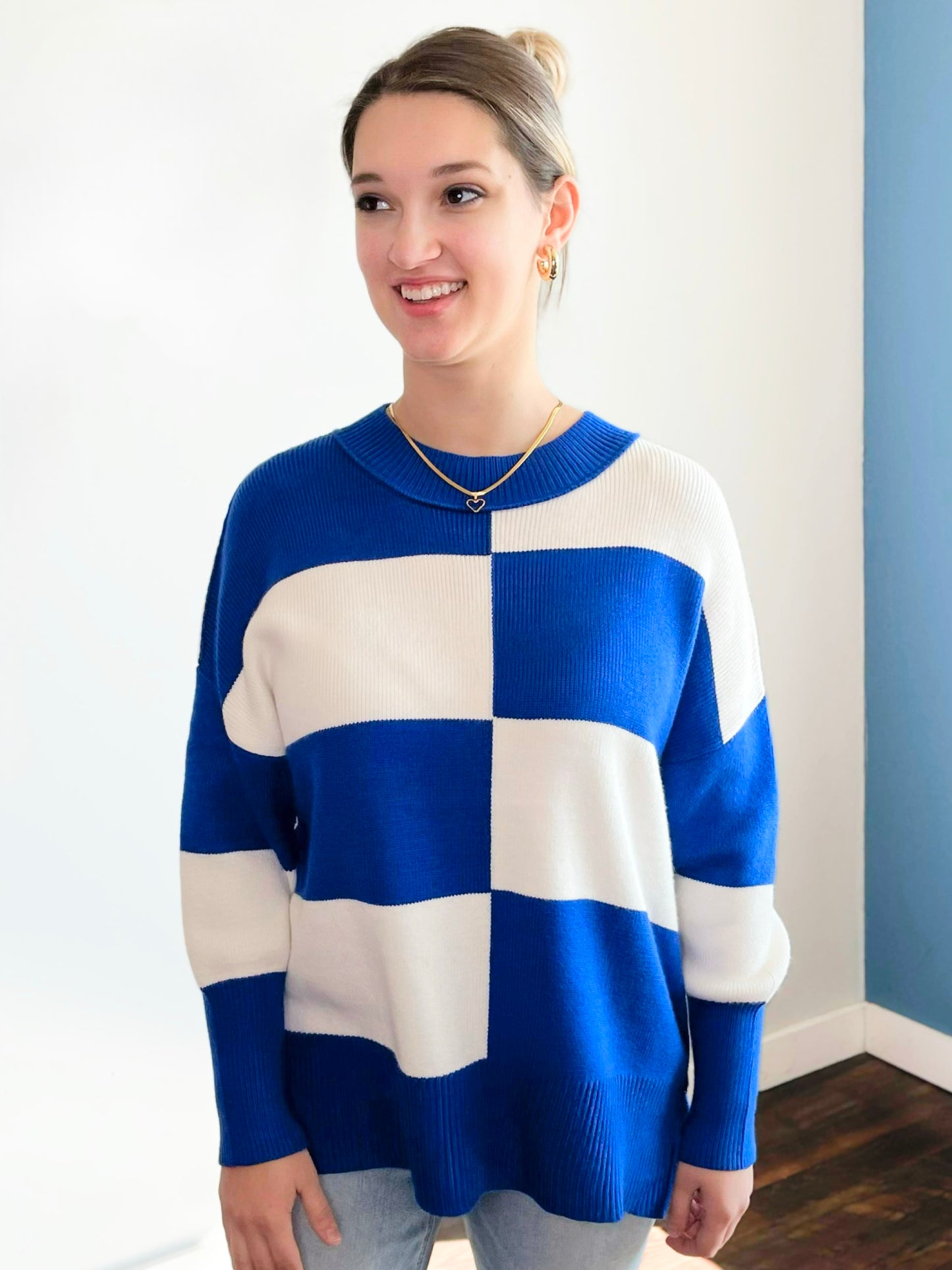 Andi Checkered Sweater | Royal Blue