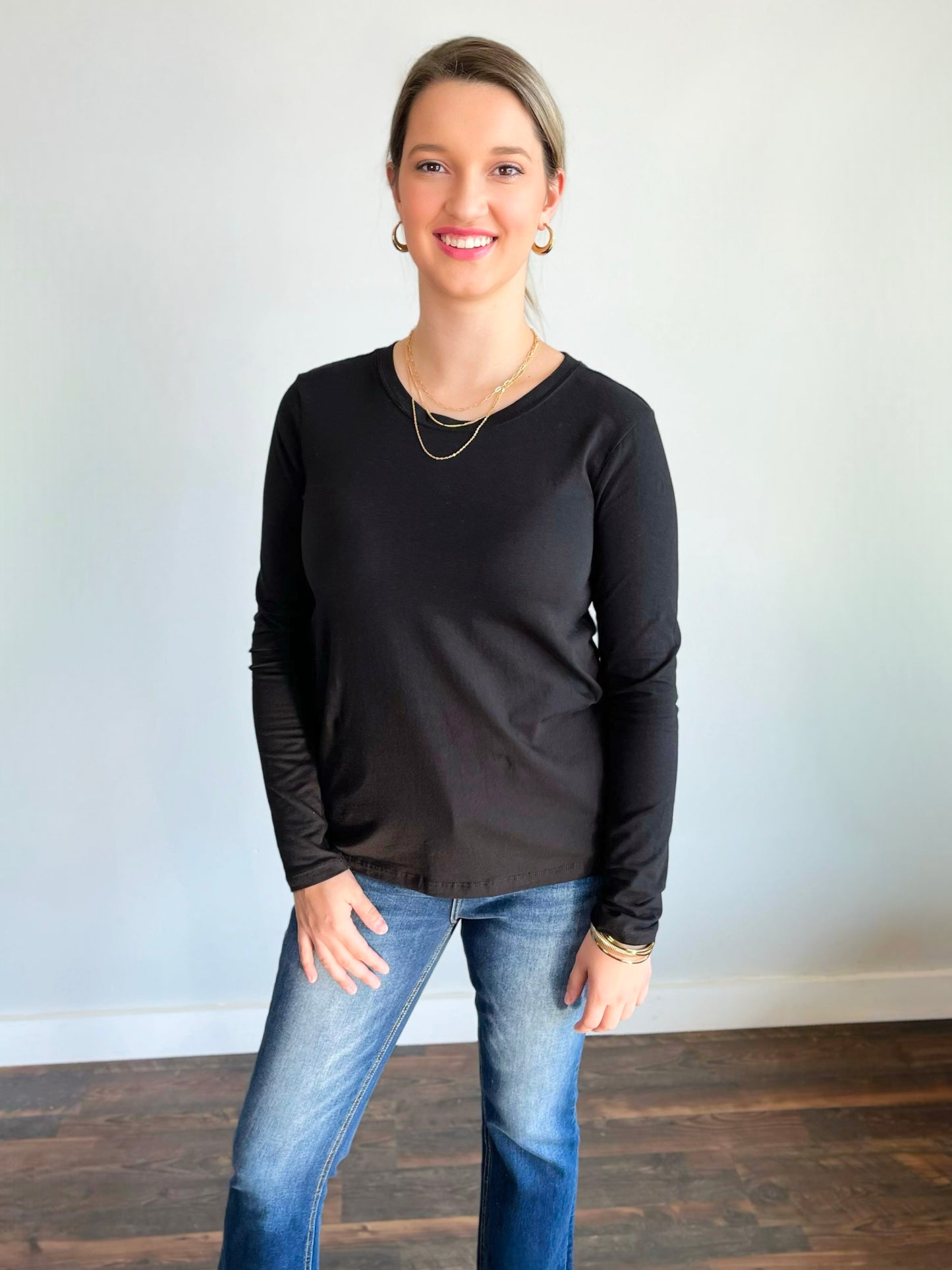 Ziggy Cotton Basic Long Sleeve Top | Black