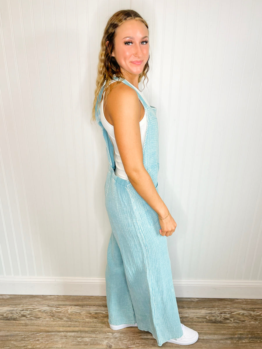 Kaya Washed Wide Leg Overalls | Dusty Teal