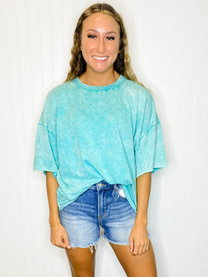 Mabel Washed Terry Short Sleeve Top | Turquoise