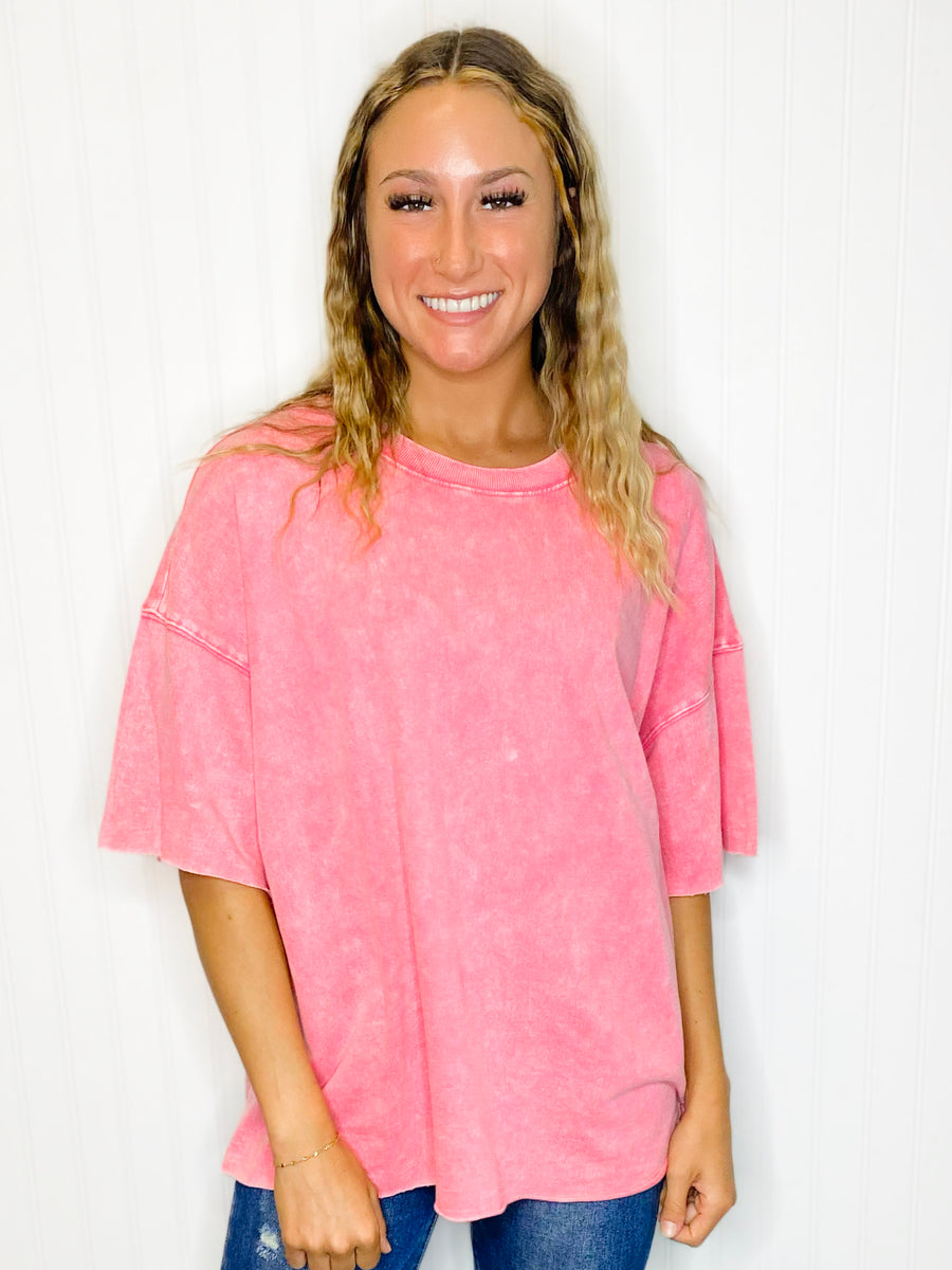 Mabel Washed Terry Short Sleeve Top | Fuchsia