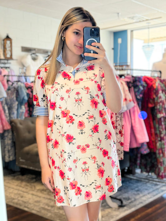 Janie Floral Print Dress w/ Striped Details