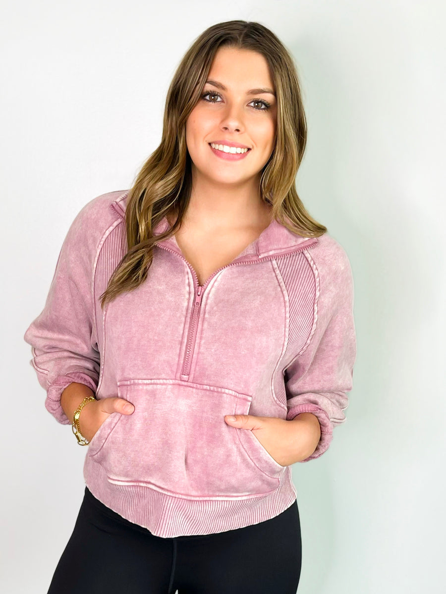 Brenna Acid Wash Half Zip Pullover | Light Rose